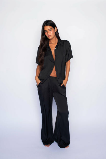 Chase Button Down Satin in Black | Skatie