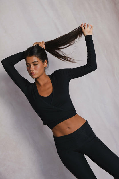Margot Wrap Top Baby Ribbed in Black | Skatie