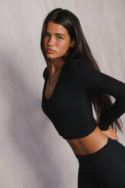 Margot Wrap Top Baby Ribbed in Black | Skatie
