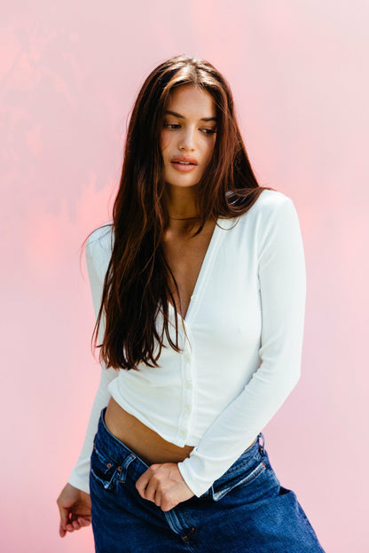 Clara Cardigan Baby Ribbed in White | Skatie